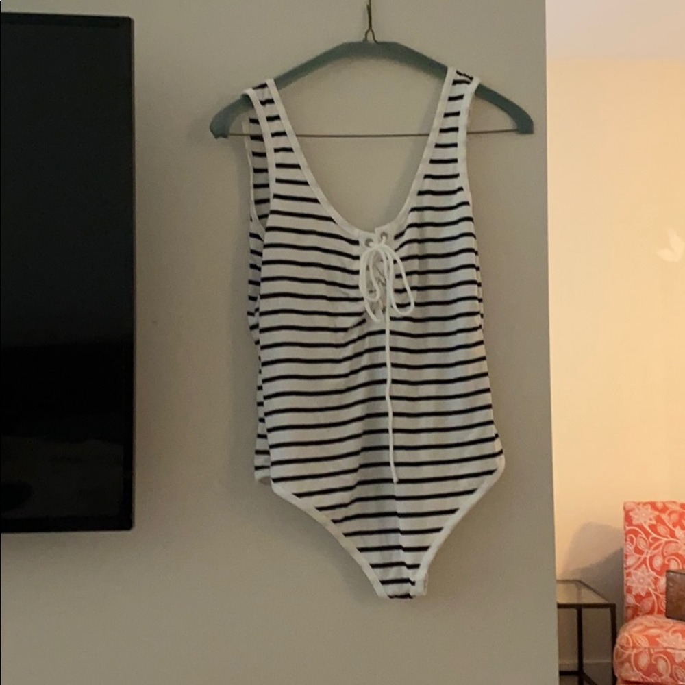 Black and White Open Back Striped Body Suit